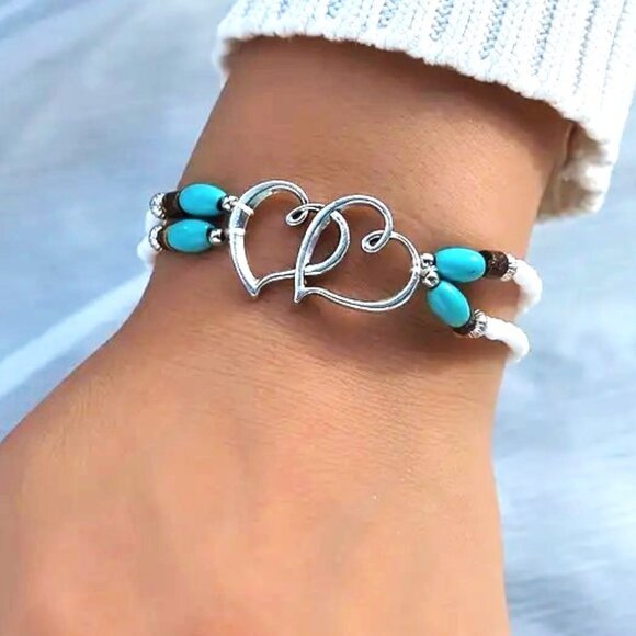 Double Heart Bracelet Layered Boho Hippie Beads Turquoise Stylish Love Vacation - Picture 1 of 4